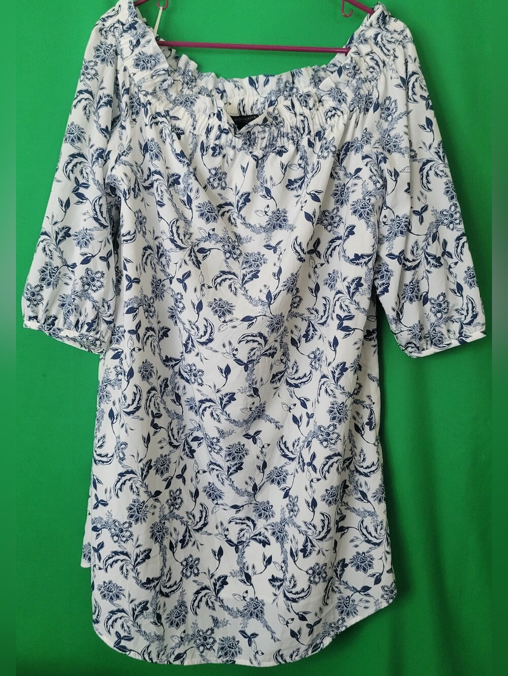 Banana Republic White Navy Floral Print Dress Off Shoulder Boho Women Sz 14